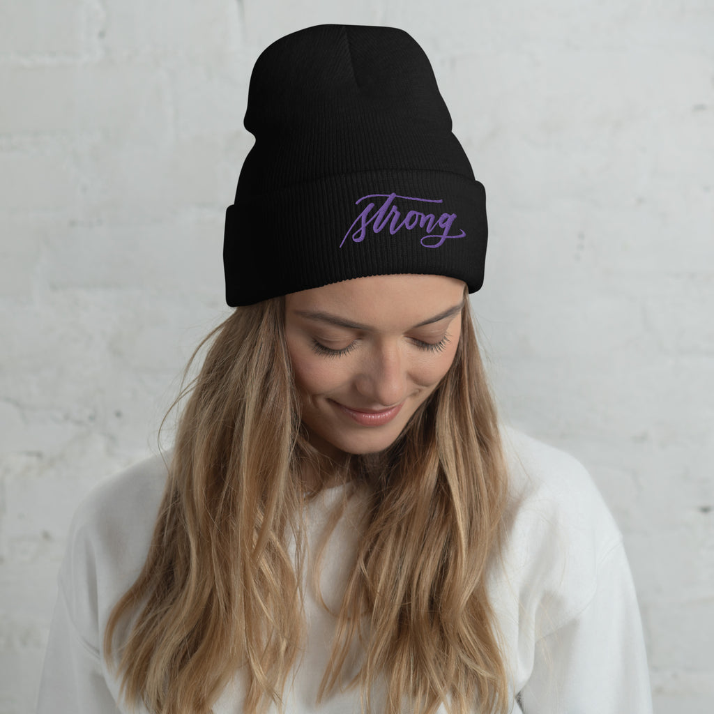 Embroidered Purple Script "Strong" Calligraphy on Black or Grey Cuffed Beanie