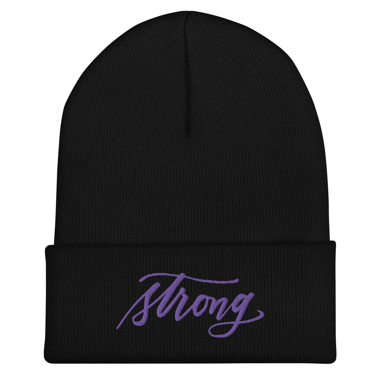 Embroidered Purple Script "Strong" Calligraphy on Black or Grey Cuffed Beanie