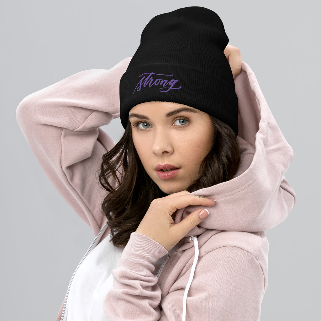 Embroidered Purple Script "Strong" Calligraphy on Black or Grey Cuffed Beanie