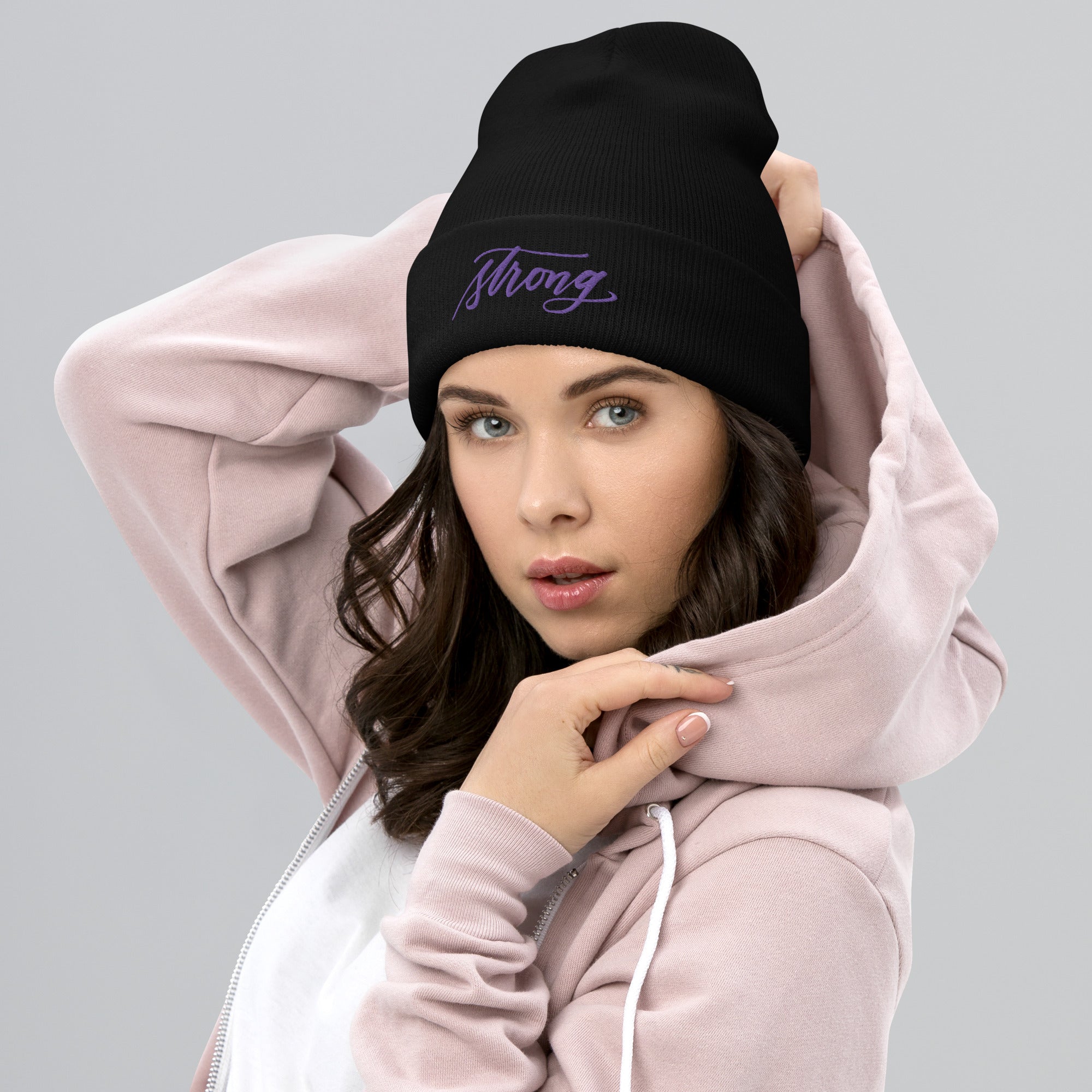 Embroidered Purple Script "Strong" Calligraphy on Black or Grey Cuffed Beanie