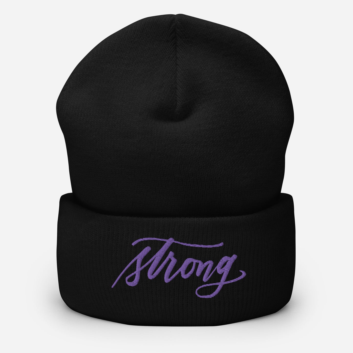 Embroidered Purple Script "Strong" Calligraphy on Black or Grey Cuffed Beanie