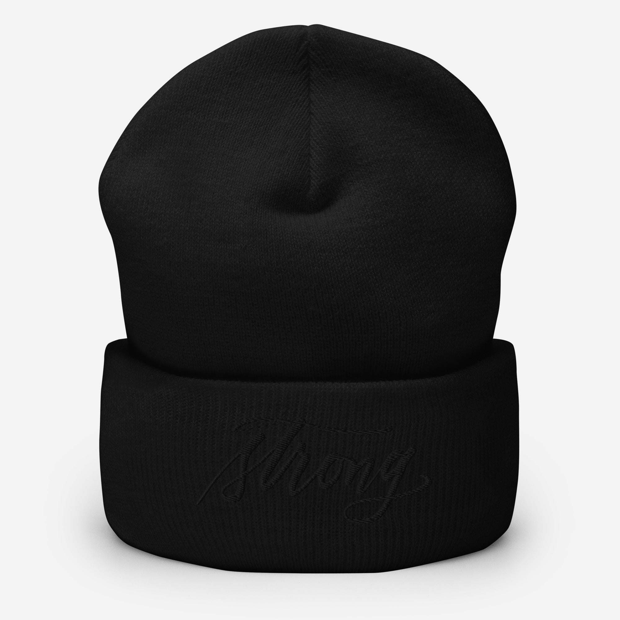 Embroidered Black Script "Strong" Calligraphy on Black or Grey Cuffed Beanie