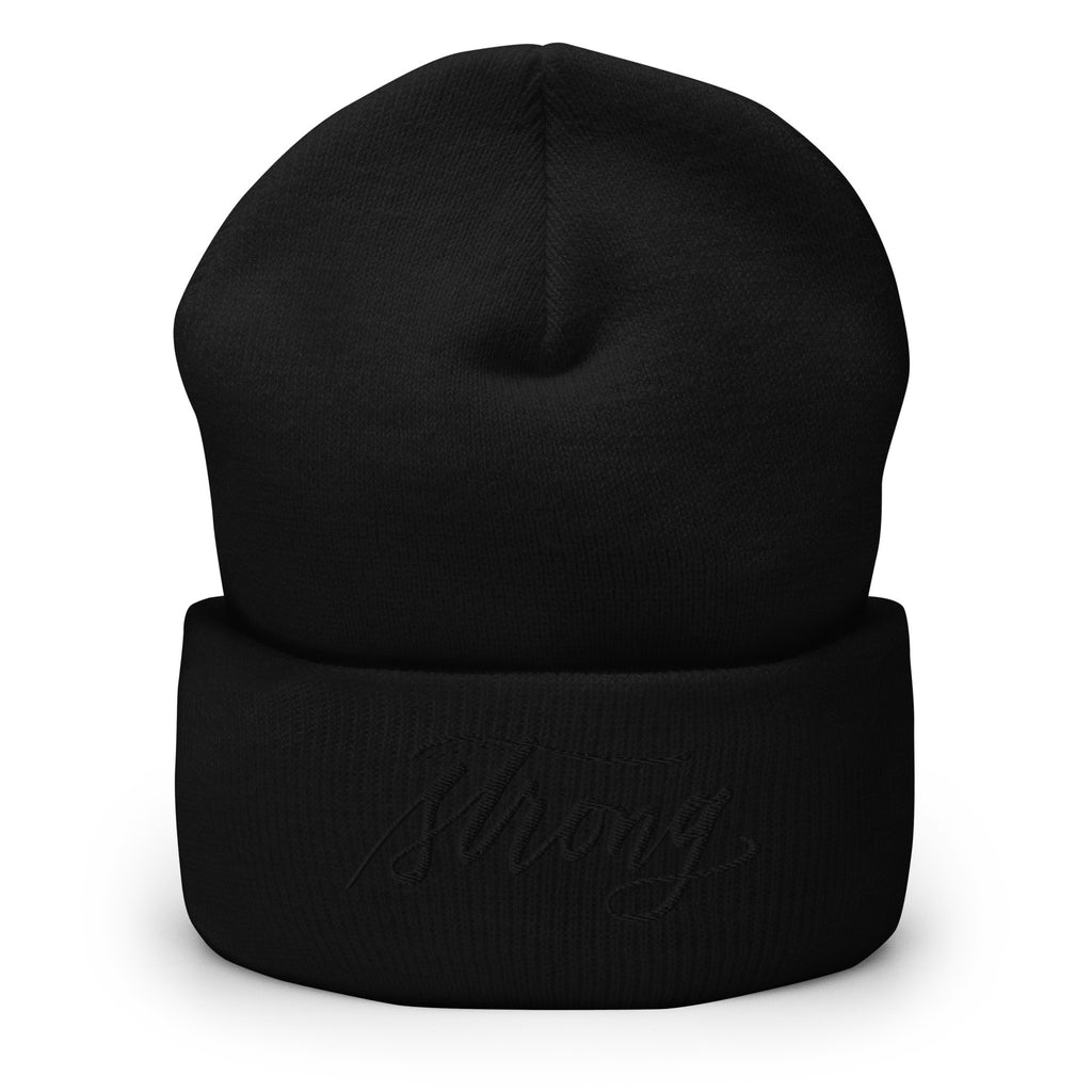 Embroidered Black Script "Strong" Calligraphy on Black or Grey Cuffed Beanie