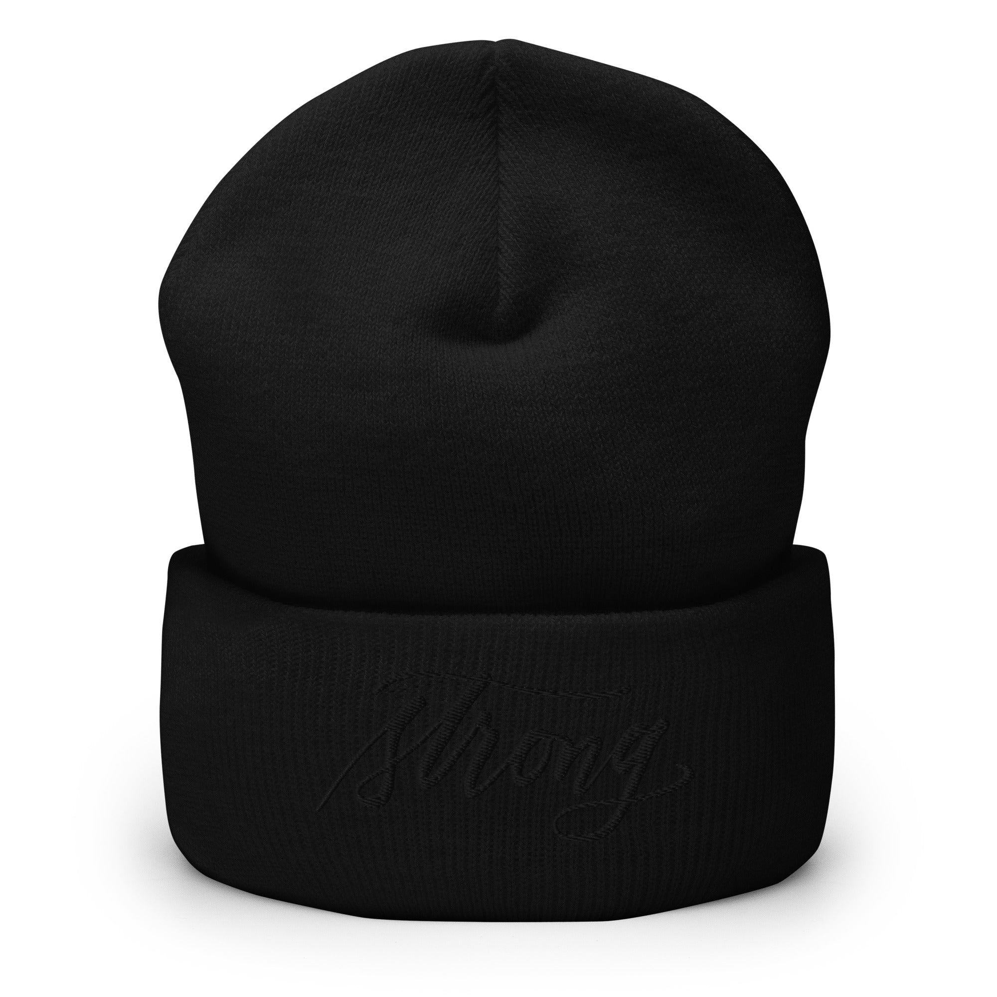 Embroidered Black Script "Strong" Calligraphy on Black or Grey Cuffed Beanie