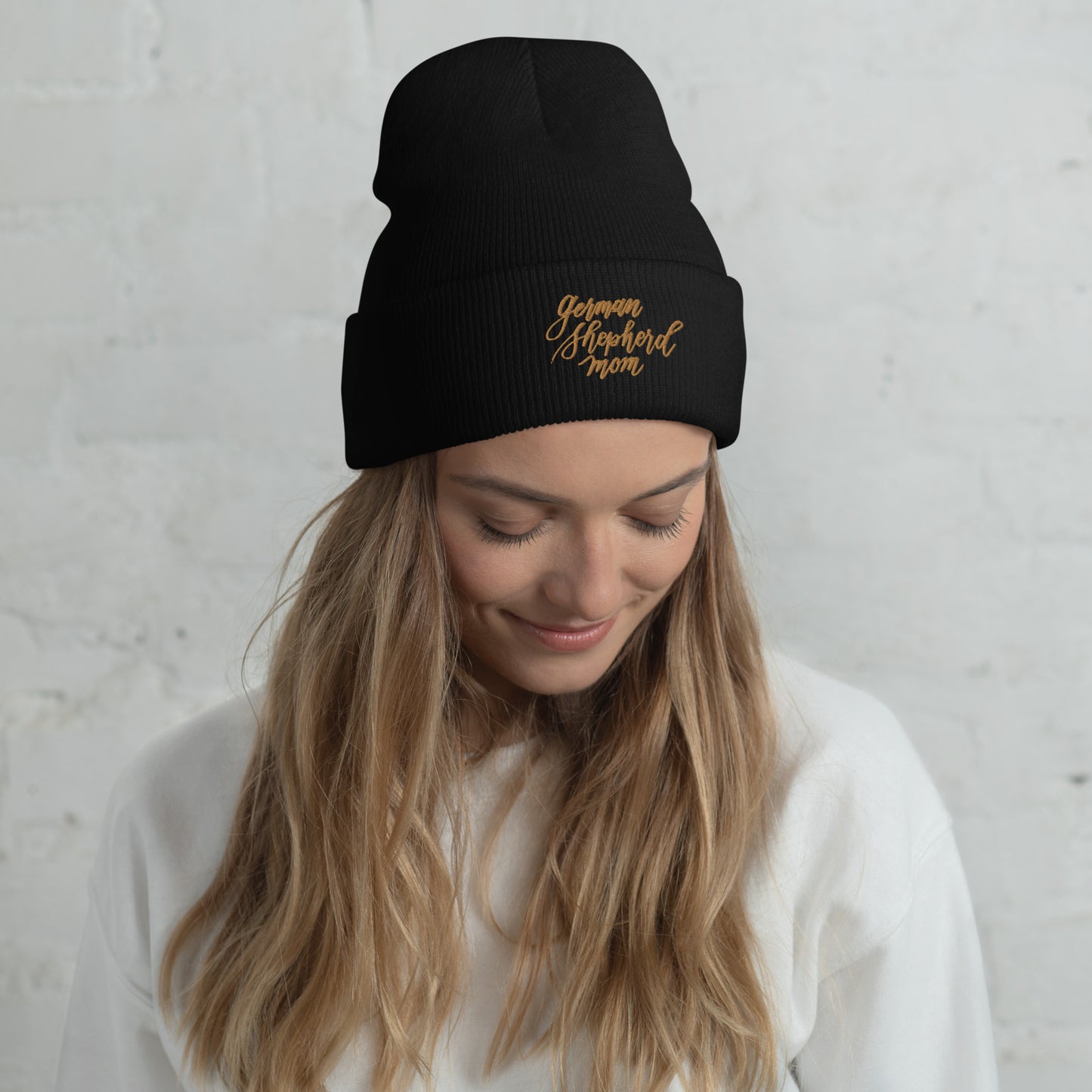 Embroidered Gold Script "German Shepherd Mom" Calligraphy on Grey or Black Cuffed Beanie