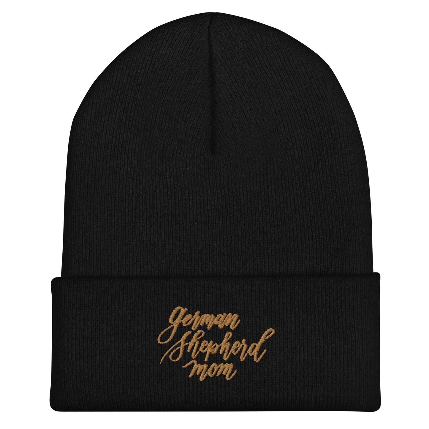 Embroidered Gold Script "German Shepherd Mom" Calligraphy on Grey or Black Cuffed Beanie