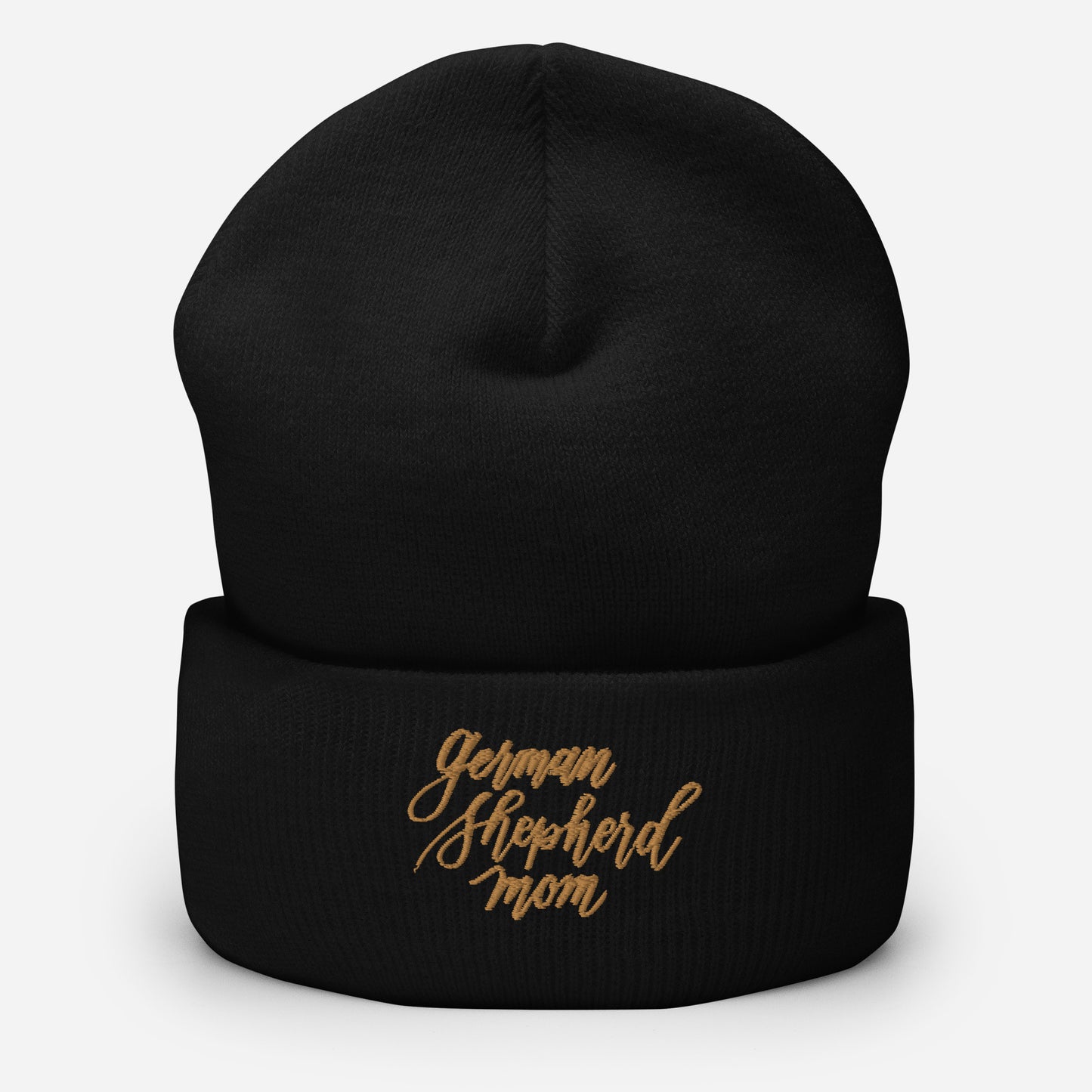 Embroidered Gold Script "German Shepherd Mom" Calligraphy on Grey or Black Cuffed Beanie