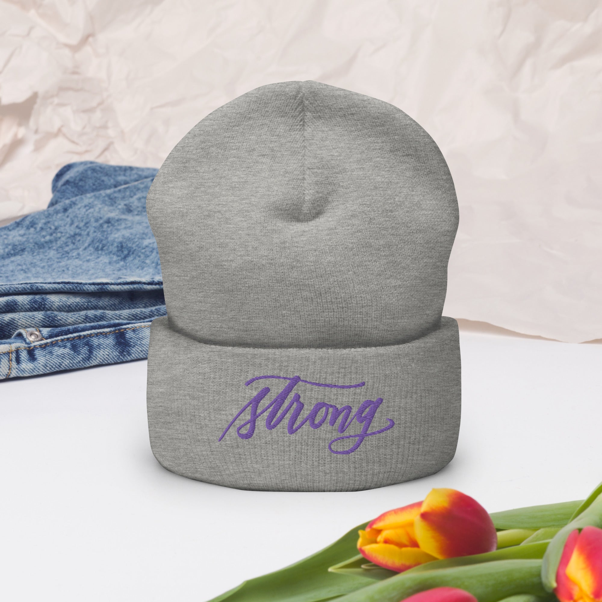 Embroidered Purple Script "Strong" Calligraphy on Black or Grey Cuffed Beanie