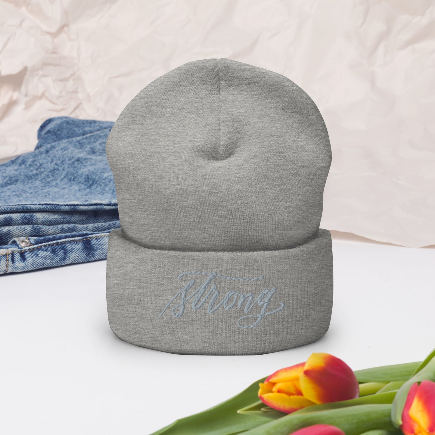 Embroidered Grey Script "Strong" Calligraphy on Grey Cuffed Beanie