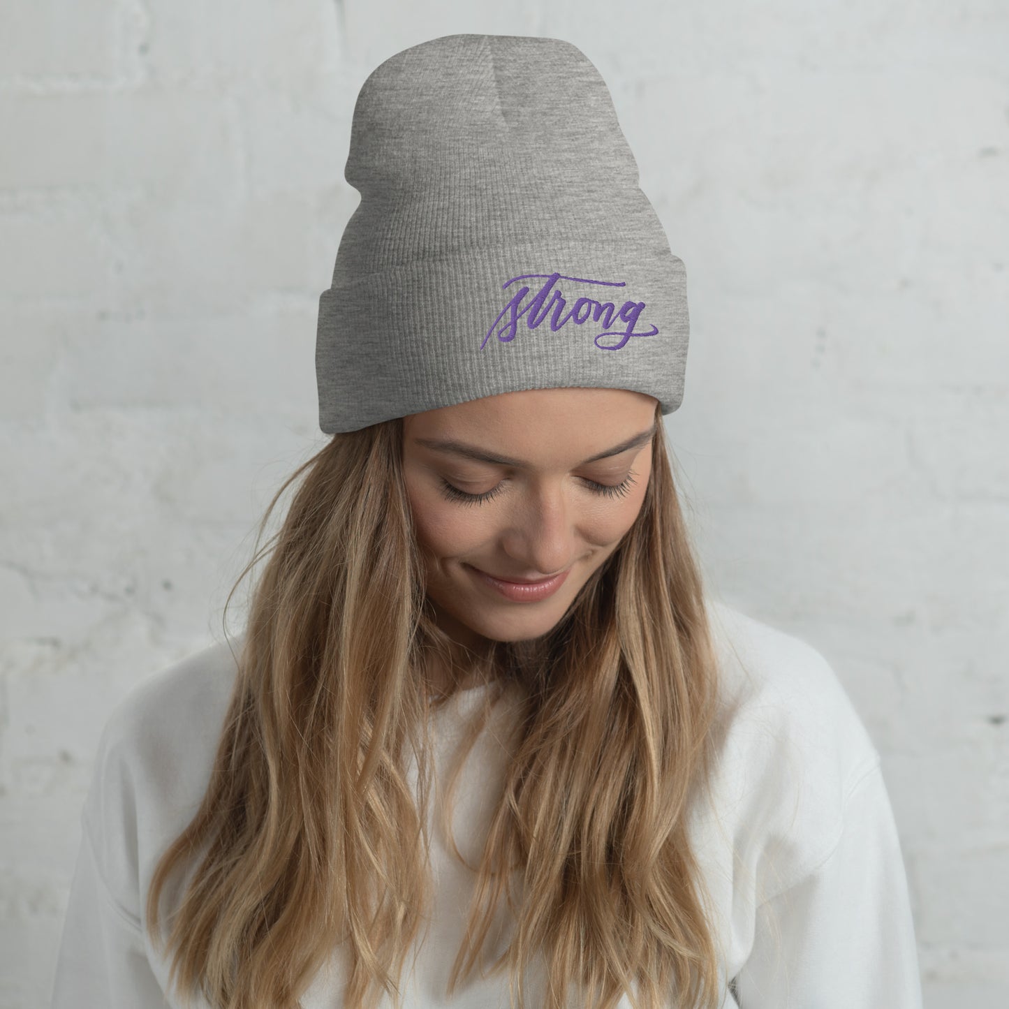 Embroidered Purple Script "Strong" Calligraphy on Black or Grey Cuffed Beanie