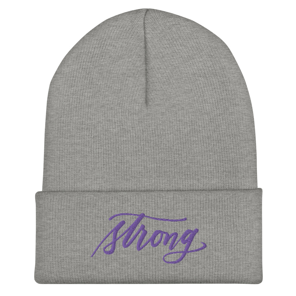 Embroidered Purple Script "Strong" Calligraphy on Black or Grey Cuffed Beanie