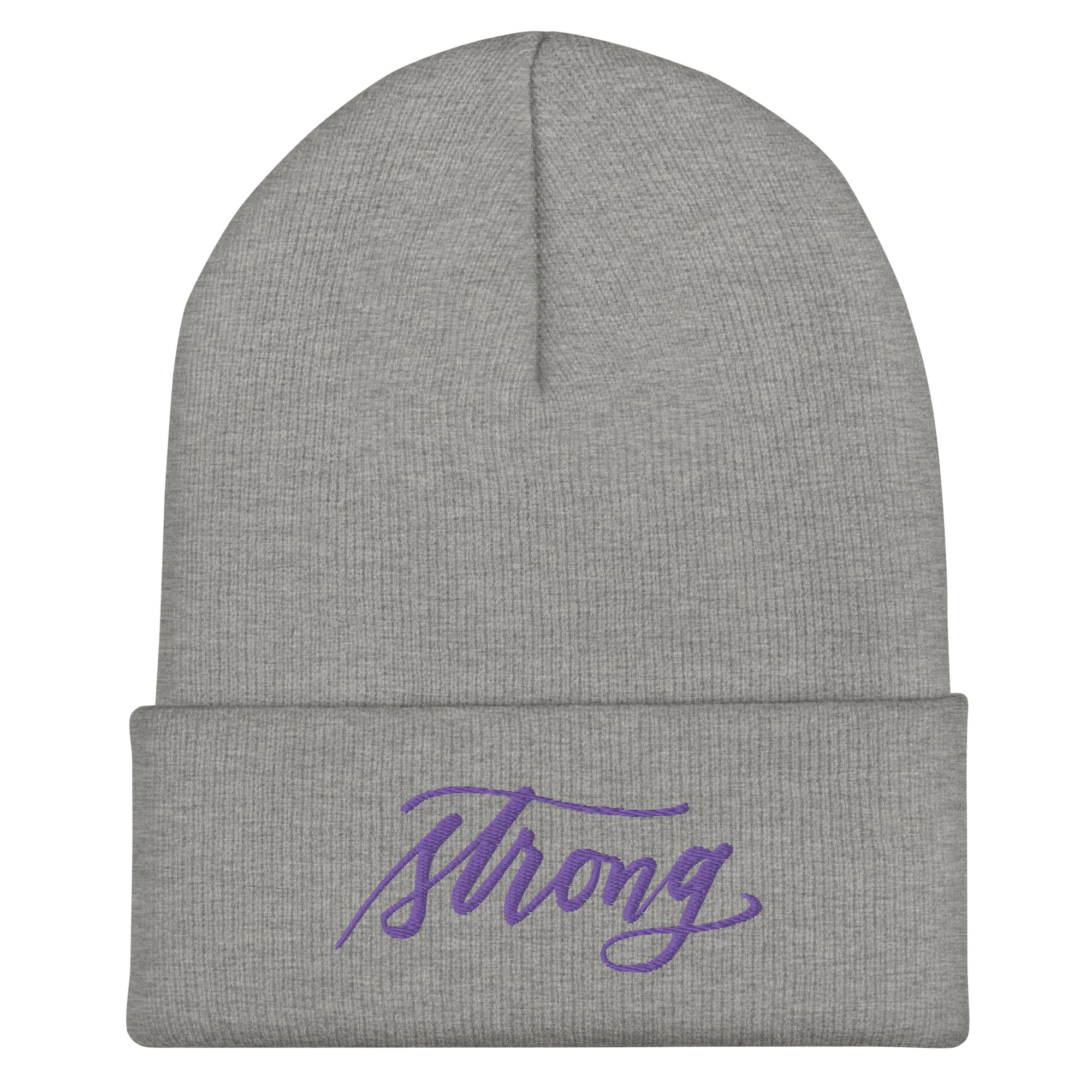Embroidered Purple Script "Strong" Calligraphy on Black or Grey Cuffed Beanie