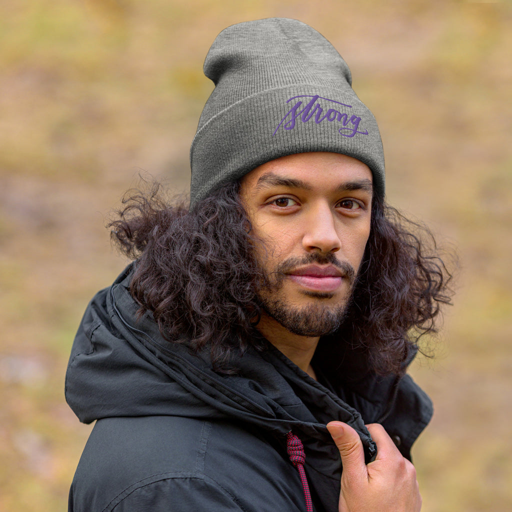 Embroidered Purple Script "Strong" Calligraphy on Black or Grey Cuffed Beanie