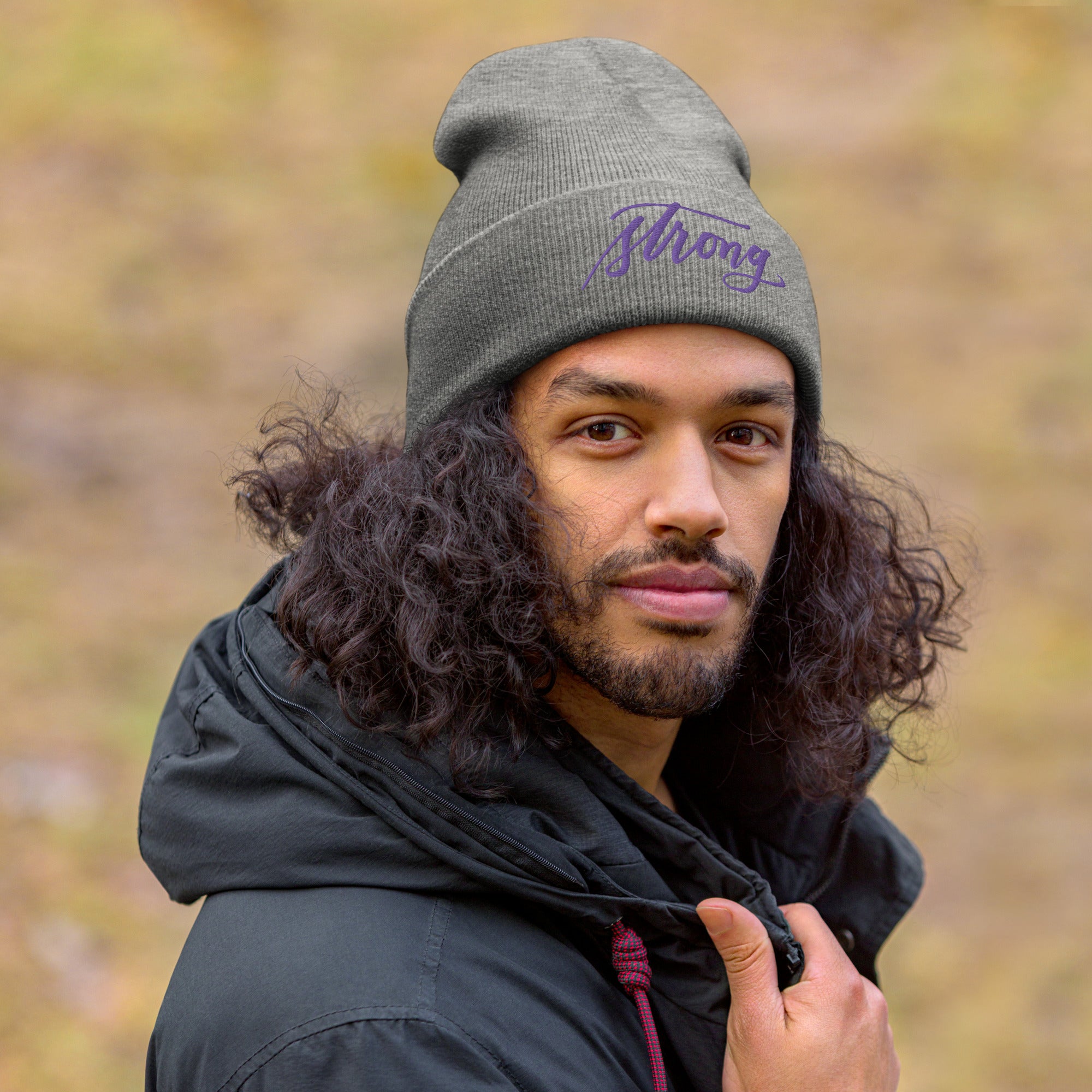 Embroidered Purple Script "Strong" Calligraphy on Black or Grey Cuffed Beanie