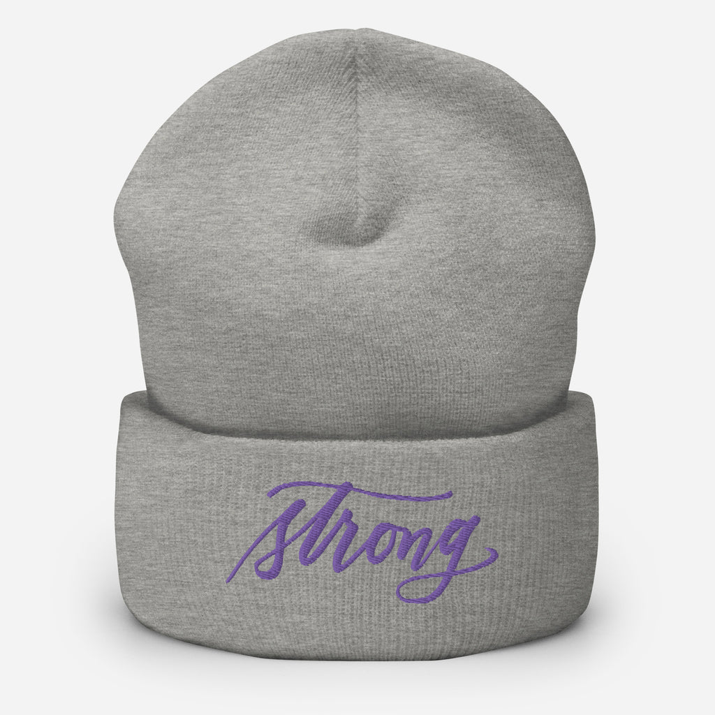 Embroidered Purple Script "Strong" Calligraphy on Black or Grey Cuffed Beanie