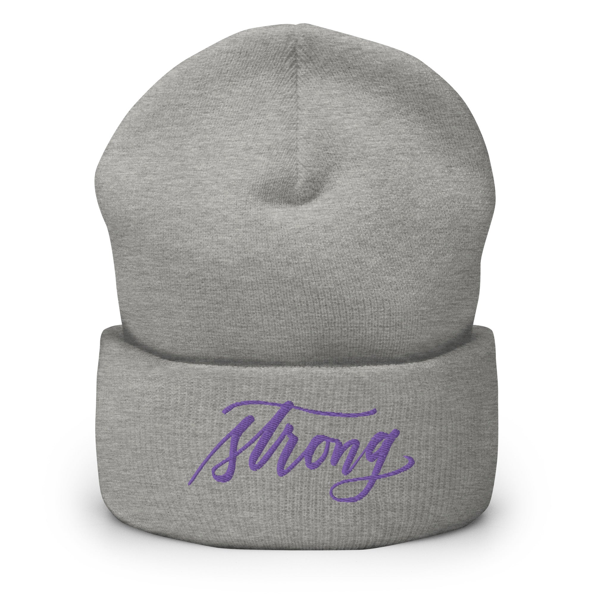 Embroidered Purple Script "Strong" Calligraphy on Black or Grey Cuffed Beanie