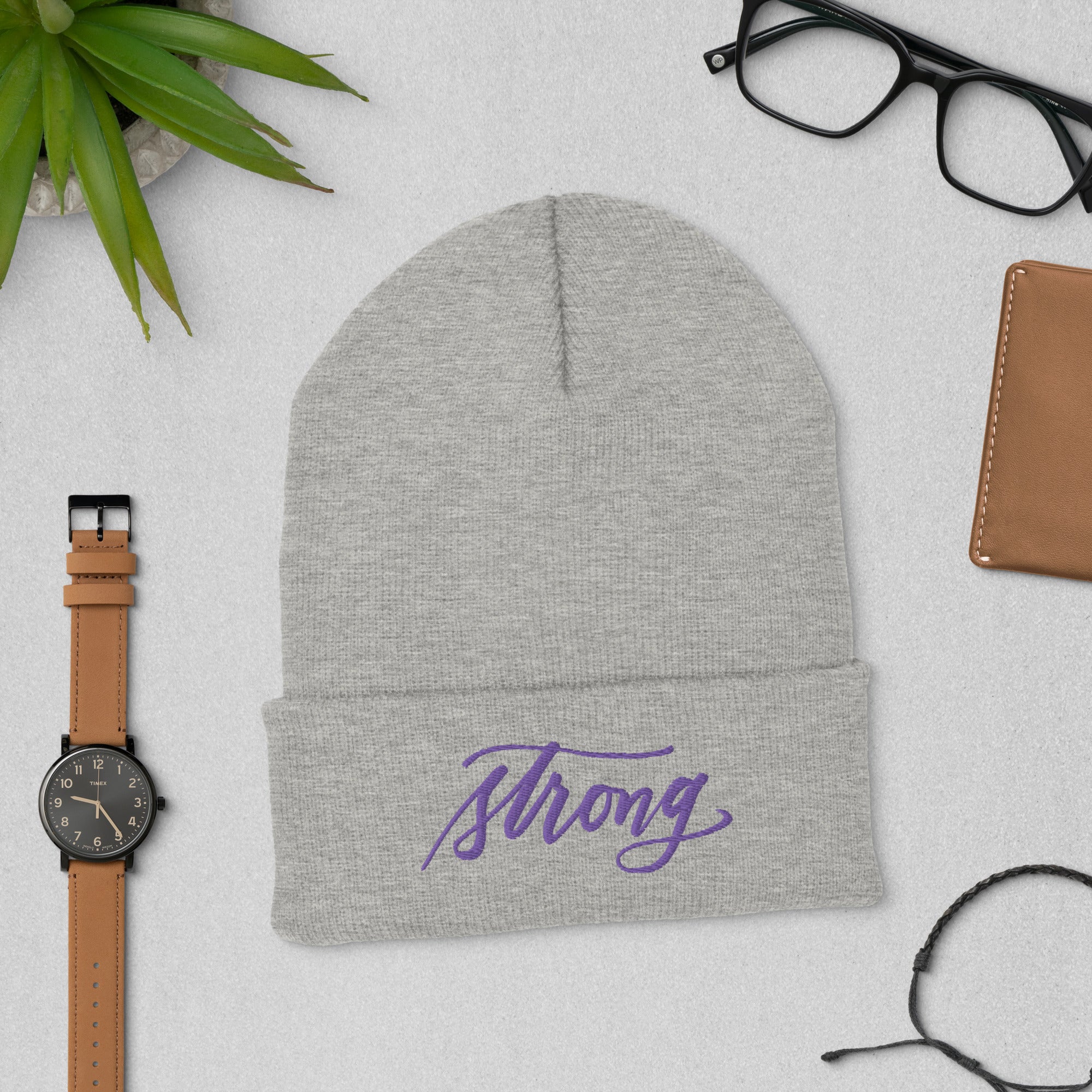 Embroidered Purple Script "Strong" Calligraphy on Black or Grey Cuffed Beanie