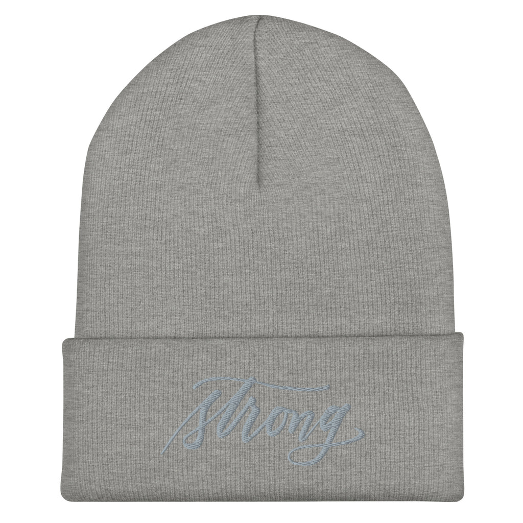 Embroidered Grey Script "Strong" Calligraphy on Grey Cuffed Beanie