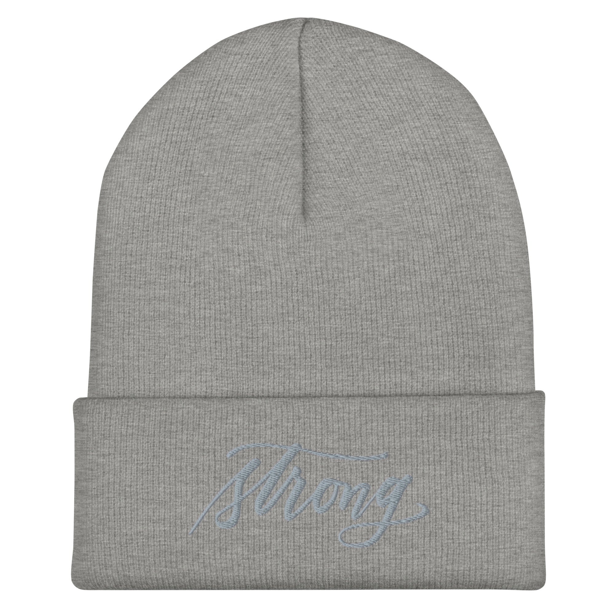 Embroidered Grey Script "Strong" Calligraphy on Grey Cuffed Beanie