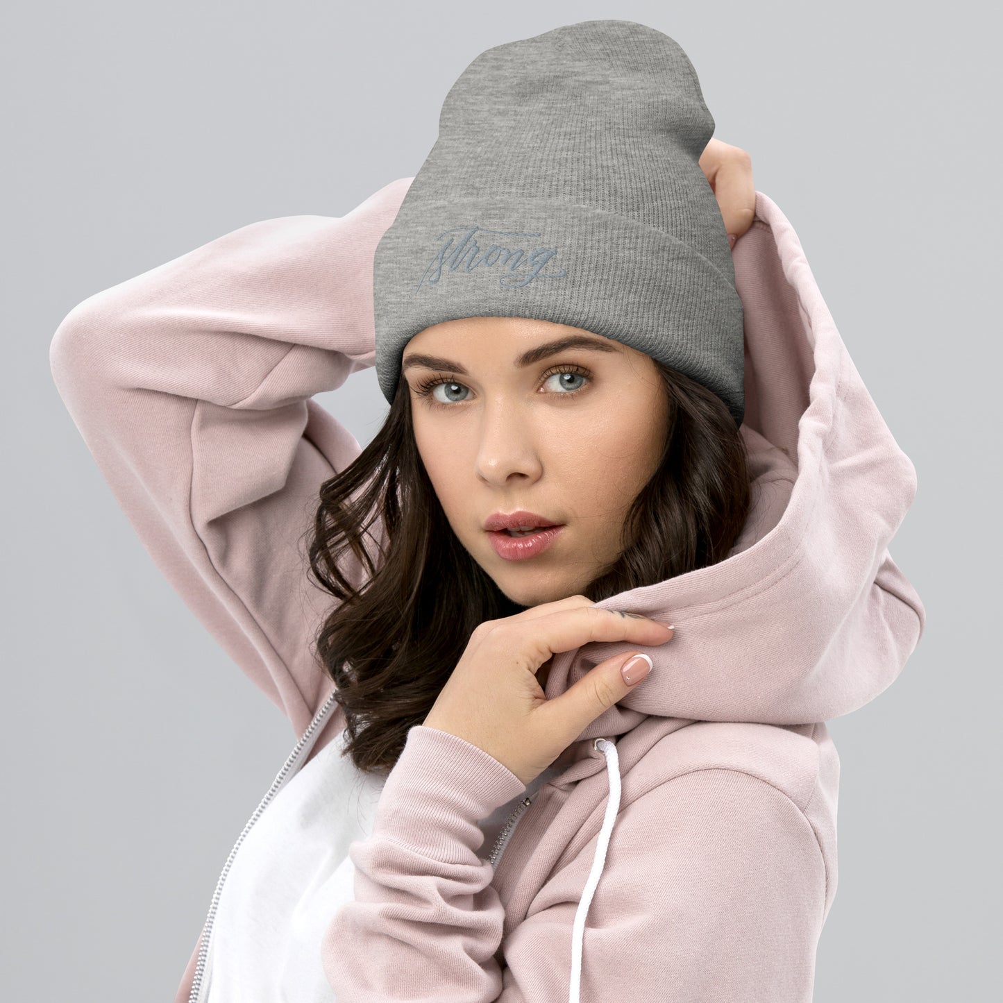 Embroidered Grey Script "Strong" Calligraphy on Grey Cuffed Beanie