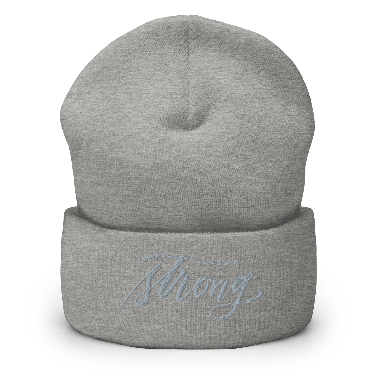 Embroidered Grey Script "Strong" Calligraphy on Grey Cuffed Beanie