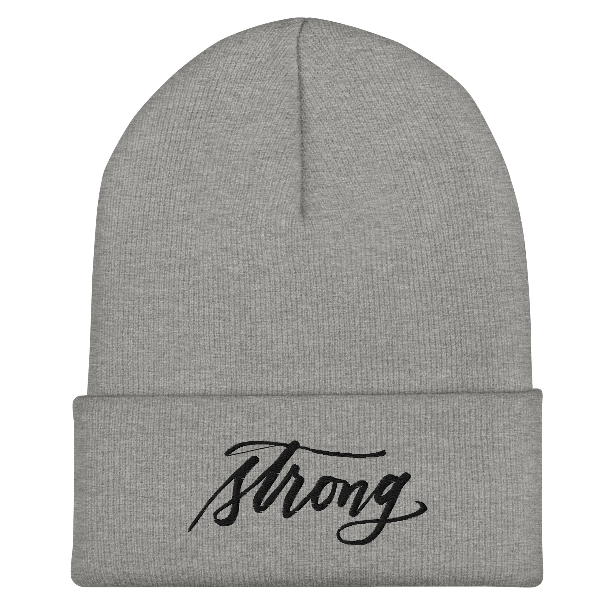 Embroidered Black Script "Strong" Calligraphy on Black or Grey Cuffed Beanie