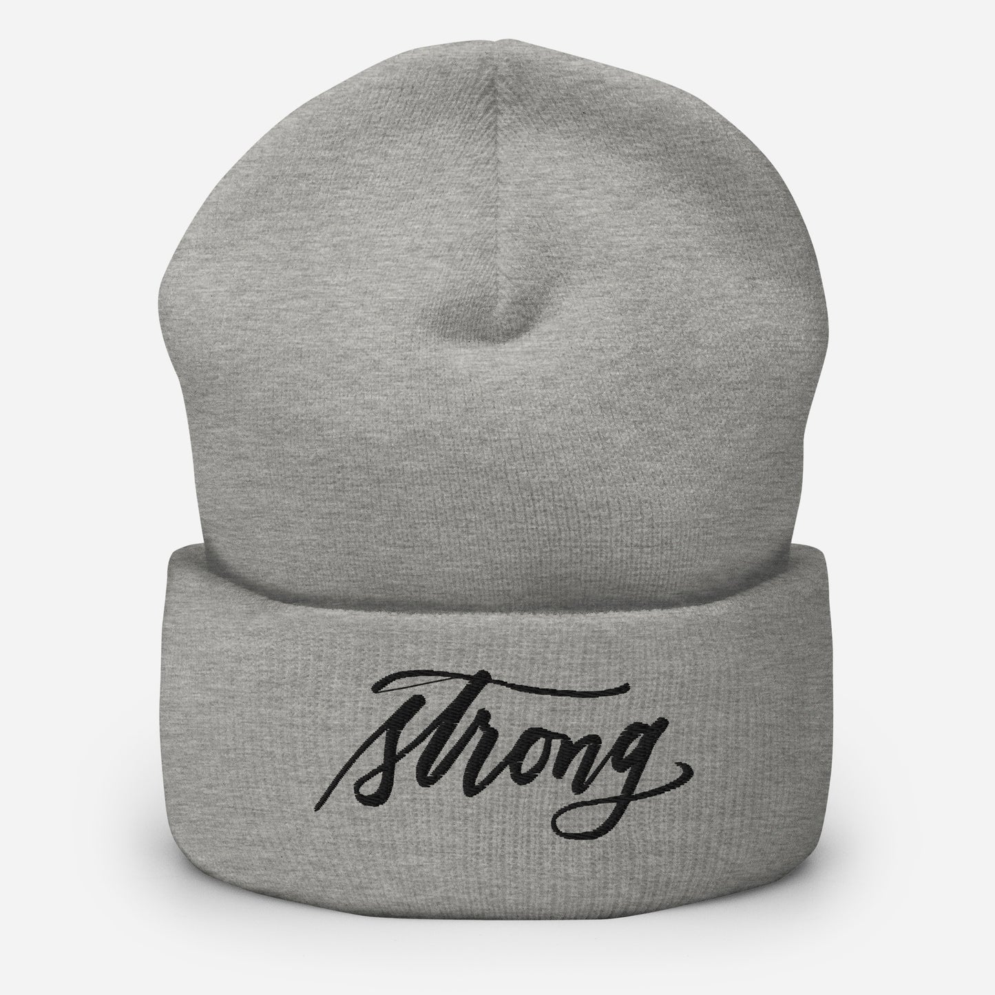 Embroidered Black Script "Strong" Calligraphy on Black or Grey Cuffed Beanie