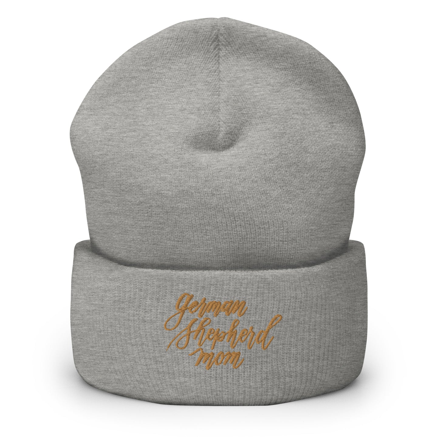 Embroidered Gold Script "German Shepherd Mom" Calligraphy on Grey or Black Cuffed Beanie