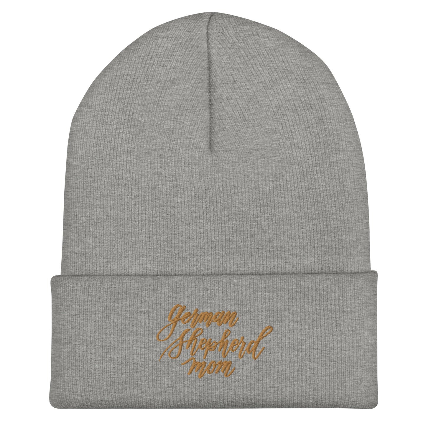 Embroidered Gold Script "German Shepherd Mom" Calligraphy on Grey or Black Cuffed Beanie