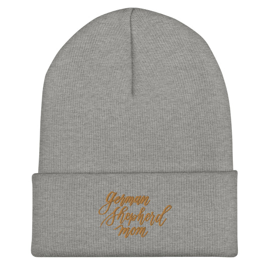 Embroidered Gold Script "German Shepherd Mom" Calligraphy on Grey or Black Cuffed Beanie