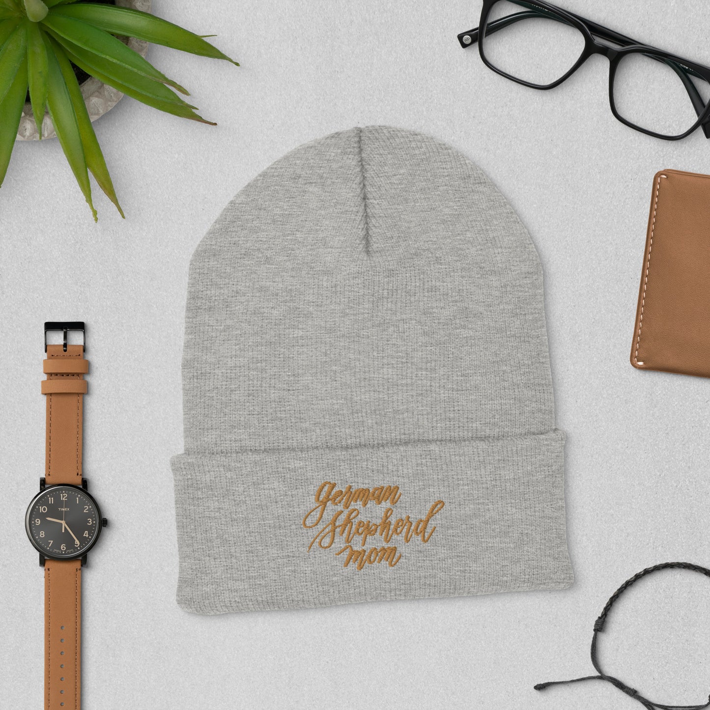 Embroidered Gold Script "German Shepherd Mom" Calligraphy on Grey or Black Cuffed Beanie