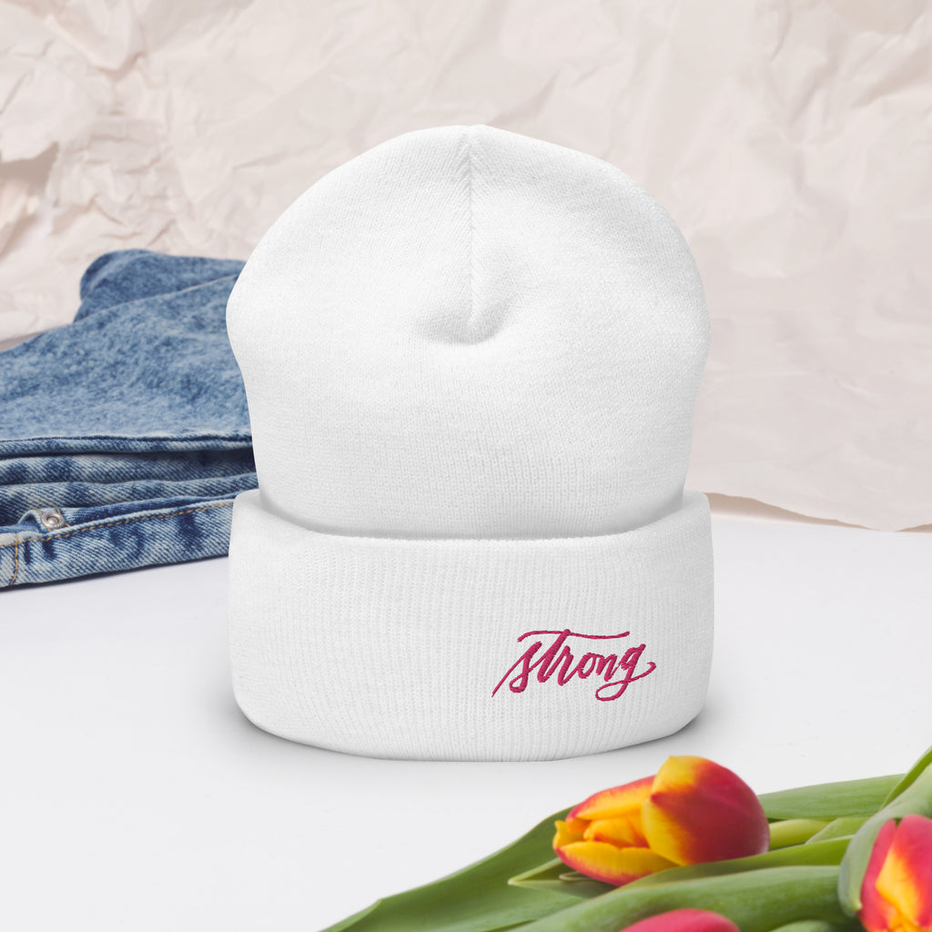 Embroidered Pink Script "Strong" Calligraphy on Pink or White Cuffed Beanie