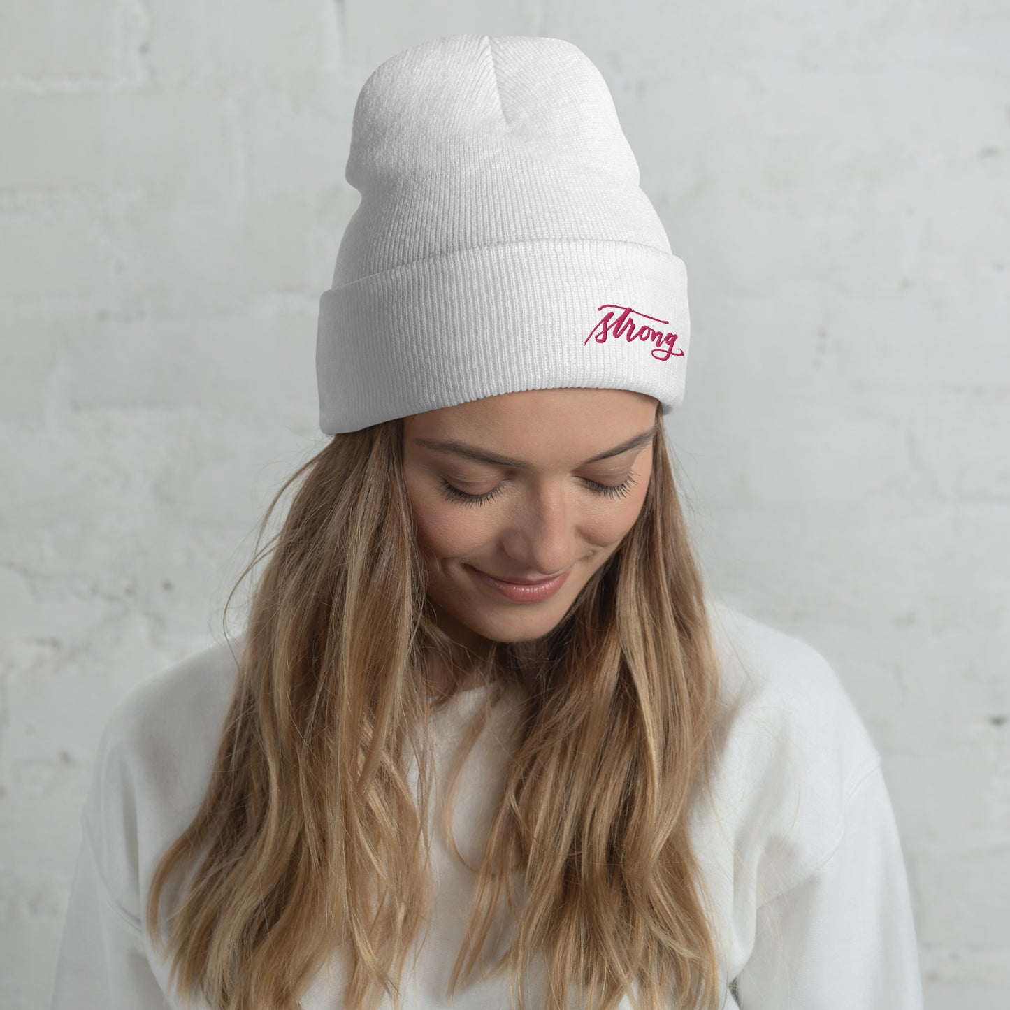 Embroidered Pink Script "Strong" Calligraphy on Pink or White Cuffed Beanie