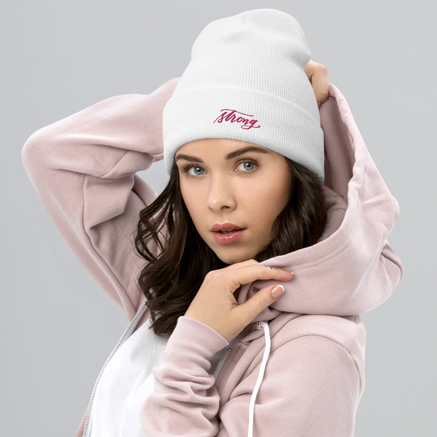 Embroidered Pink Script "Strong" Calligraphy on Pink or White Cuffed Beanie