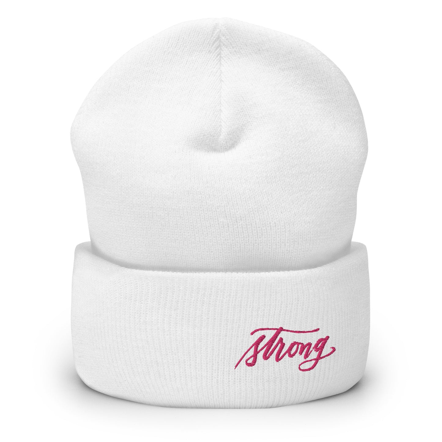 Embroidered Pink Script "Strong" Calligraphy on Pink or White Cuffed Beanie