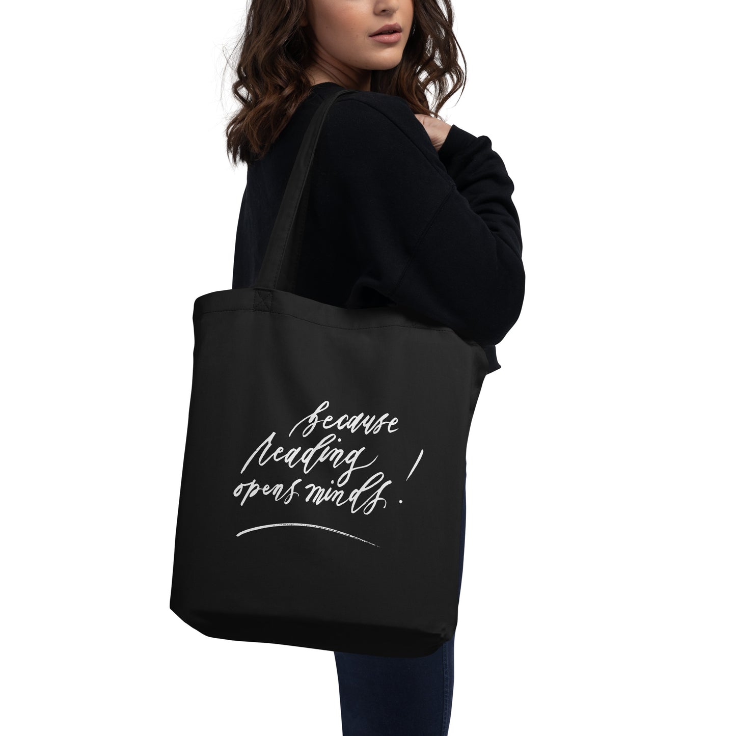 Handwritten "Teach Because Reading Opens Minds" Calligraphy White Chalk Script Printed Black Eco Tote Bag - Teach Because #02