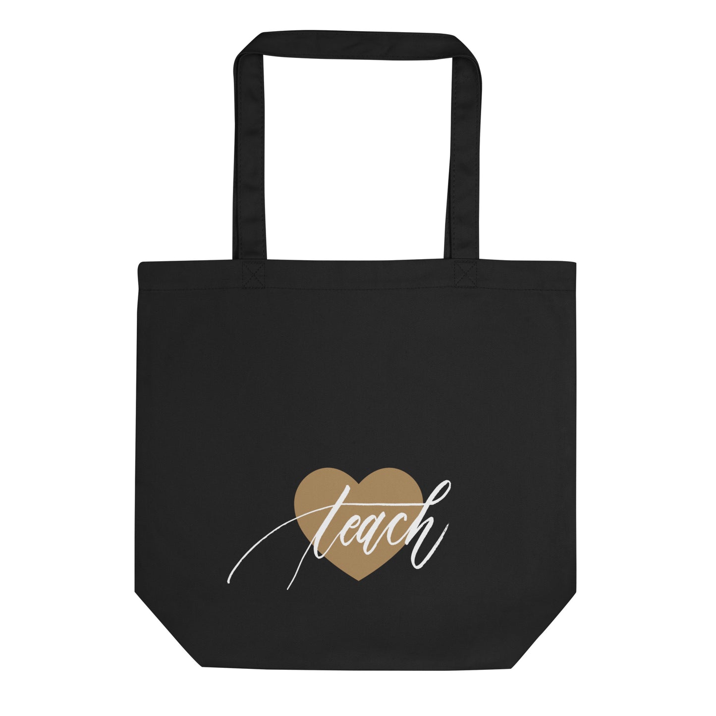 Heart & Handwritten "Teach" Calligraphy White Chalk Script Printed Black Eco Tote Bag - Teach Because #06