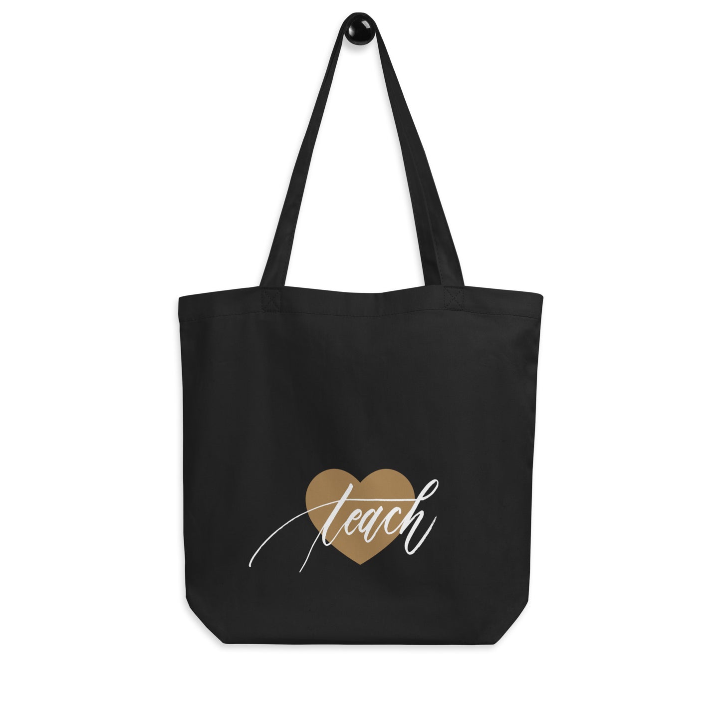 Heart & Handwritten "Teach" Calligraphy White Chalk Script Printed Black Eco Tote Bag - Teach Because #06