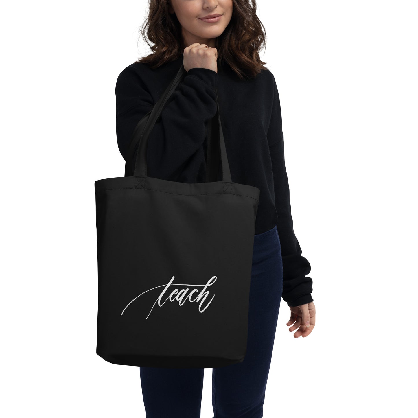 Handwritten "Teach Because Art Blooms Innovation" Calligraphy White Chalk Script Printed Black Eco Tote Bag - Teach Because #05