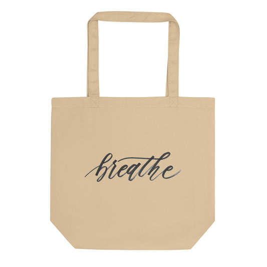 Handwritten Script "Breathe" Black Calligraphy Printed Eco MEDIUM Tote Bag