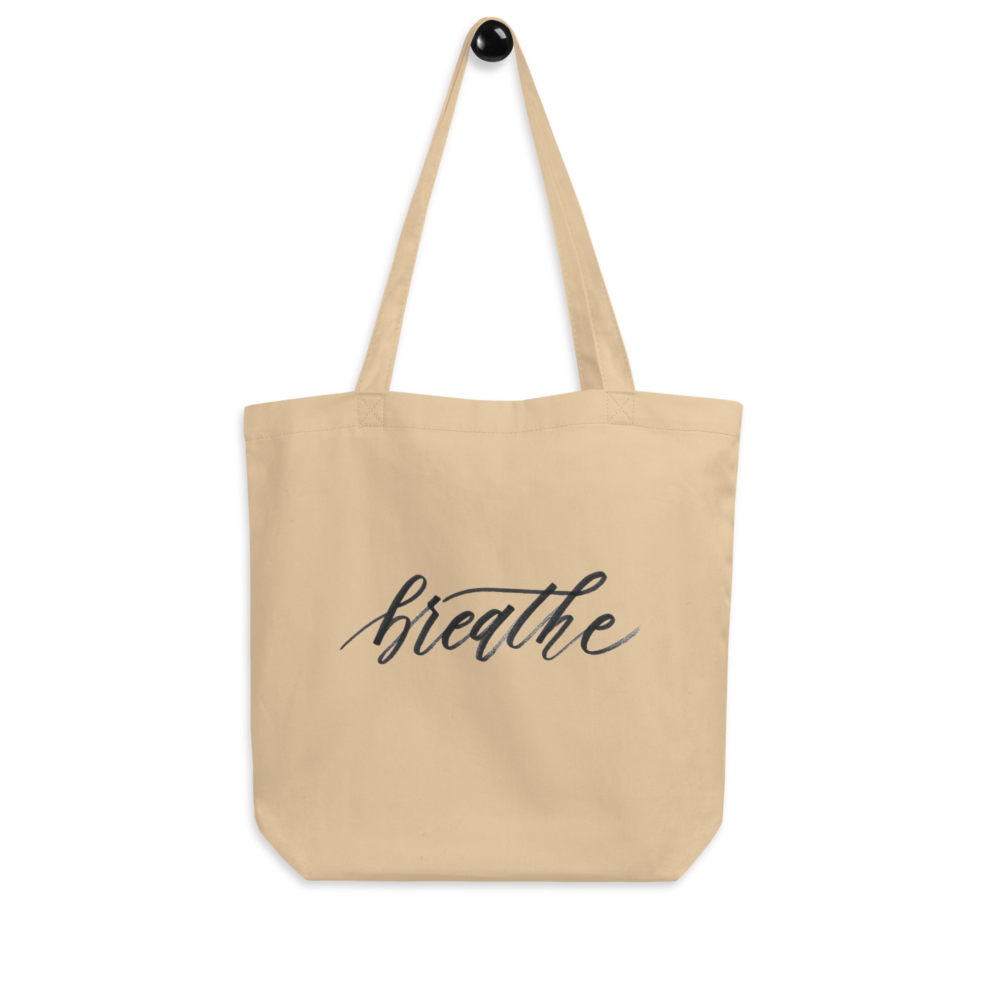 Handwritten Script "Breathe" Black Calligraphy Printed Eco MEDIUM Tote Bag
