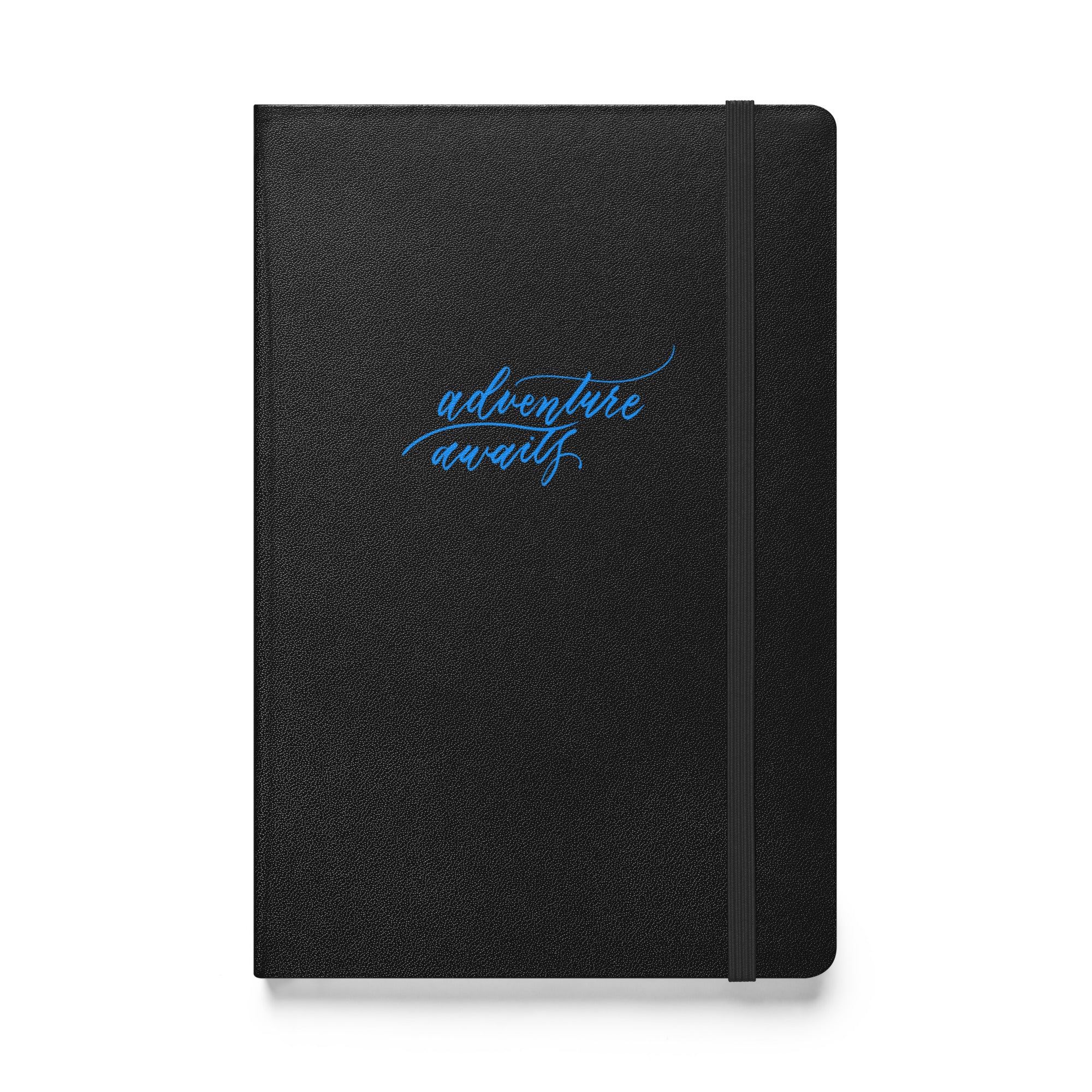 Travel Notebook - Handwritten "Adventure Awaits" Calligraphy Bright Blue Script Printed Hardcover Bound Notebook Journal