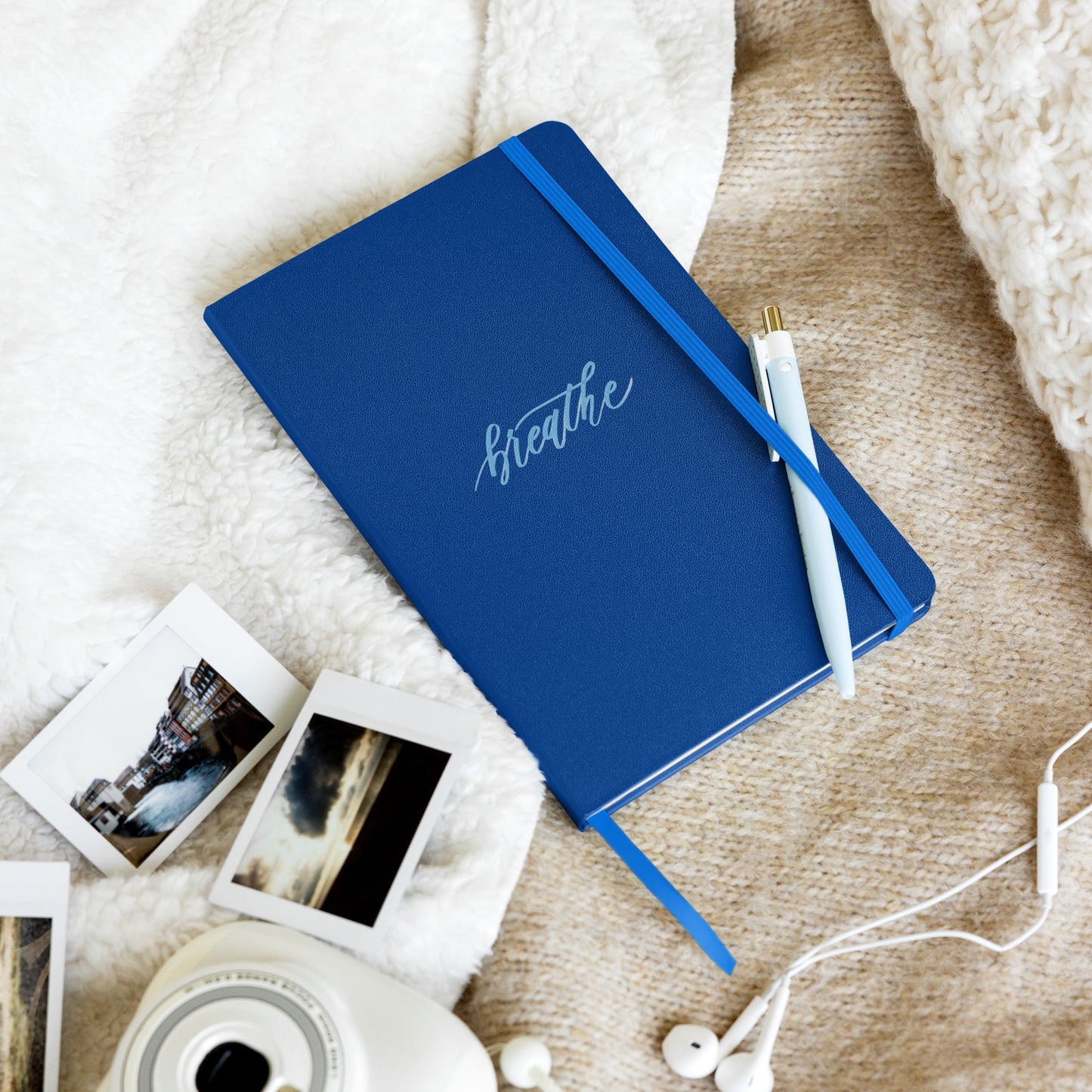 Handwritten "Breathe" Calligraphy Sky Blue Script Printed Hardcover Bound Notebook Journal