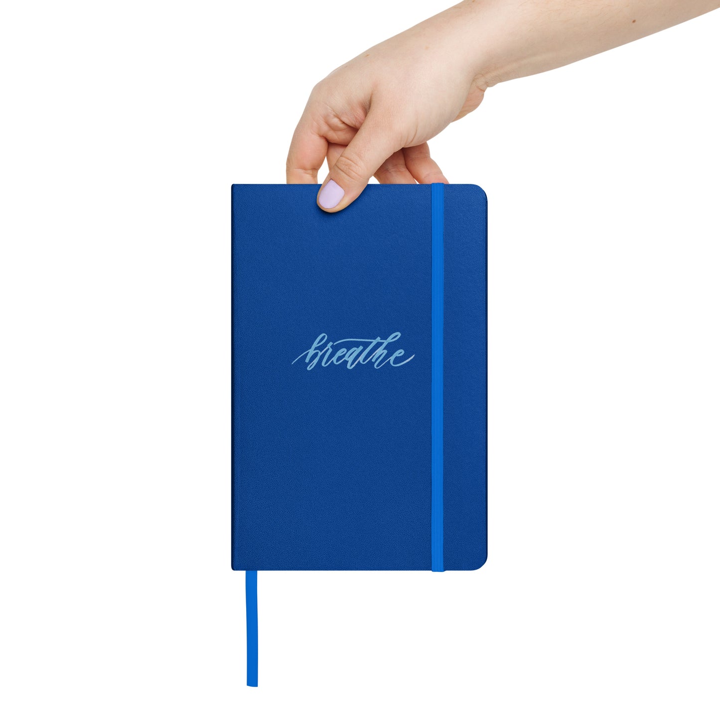 Handwritten "Breathe" Calligraphy Sky Blue Script Printed Hardcover Bound Notebook Journal