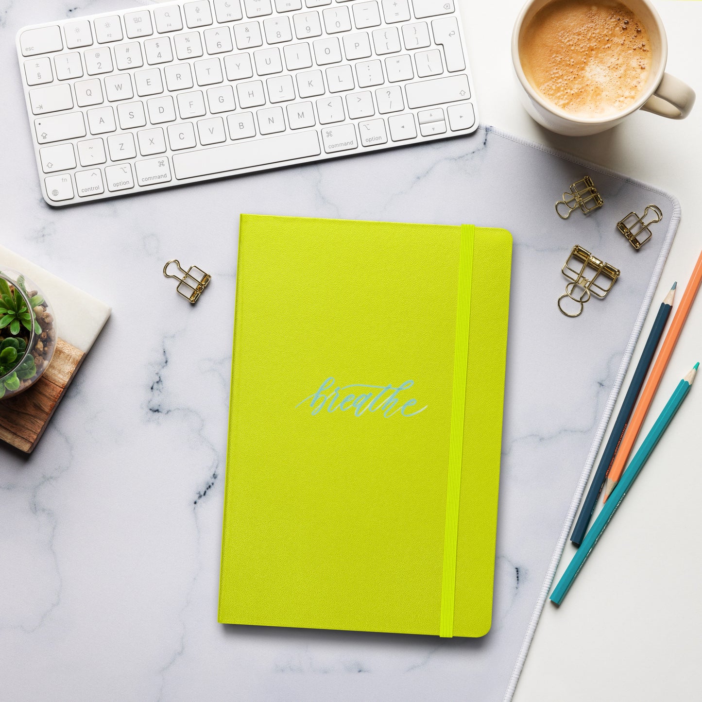 Handwritten "Breathe" Calligraphy Sky Blue Script Printed Hardcover Bound Notebook Journal