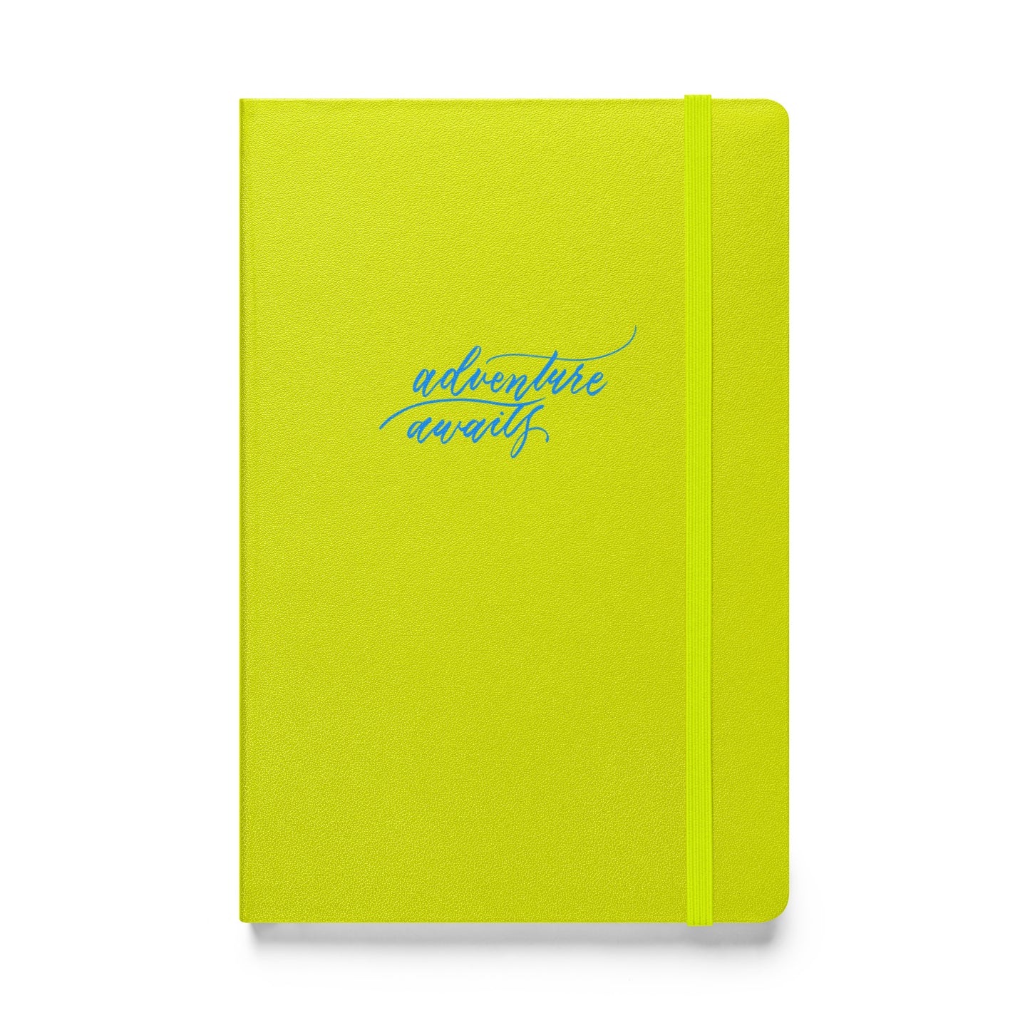 Travel Notebook - Handwritten "Adventure Awaits" Calligraphy Bright Blue Script Printed Hardcover Bound Notebook Journal