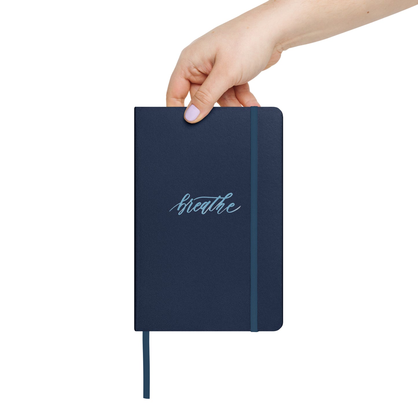 Handwritten "Breathe" Calligraphy Sky Blue Script Printed Hardcover Bound Notebook Journal