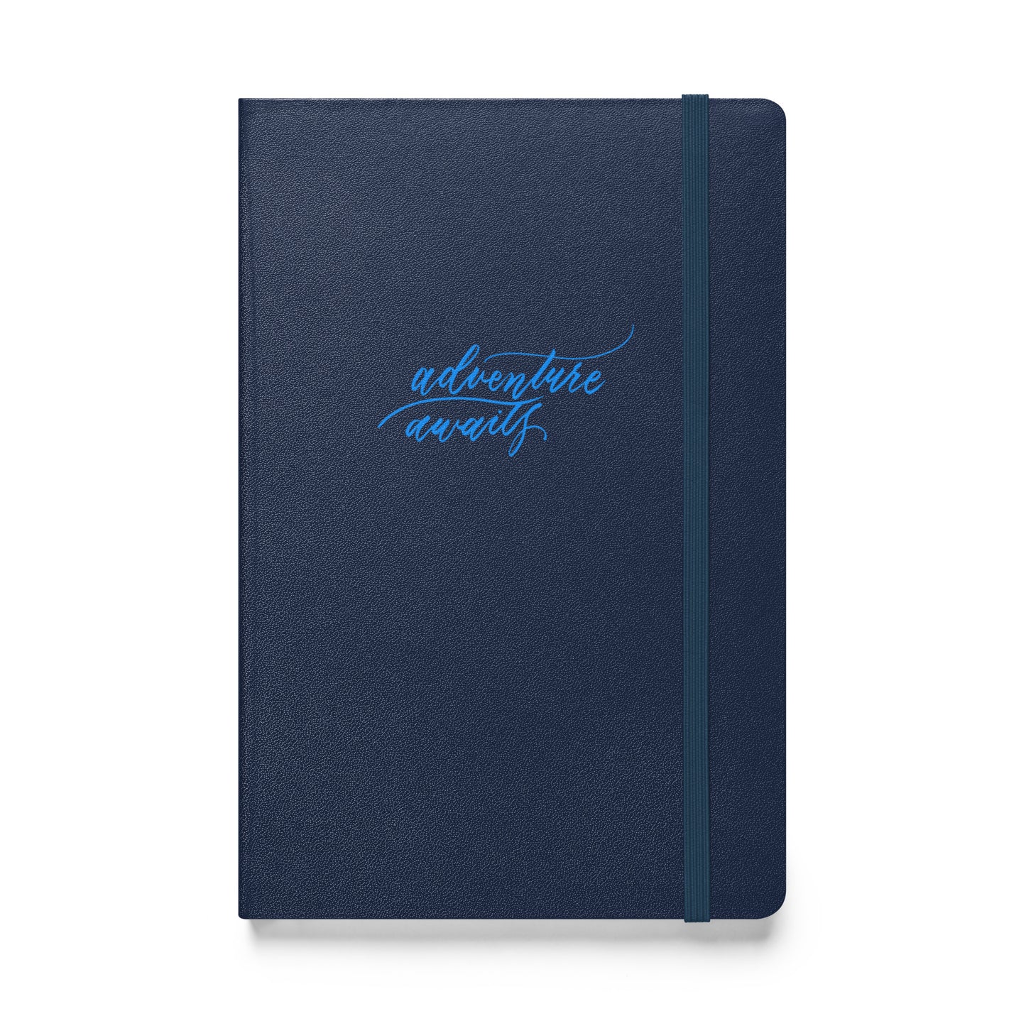 Travel Notebook - Handwritten "Adventure Awaits" Calligraphy Bright Blue Script Printed Hardcover Bound Notebook Journal