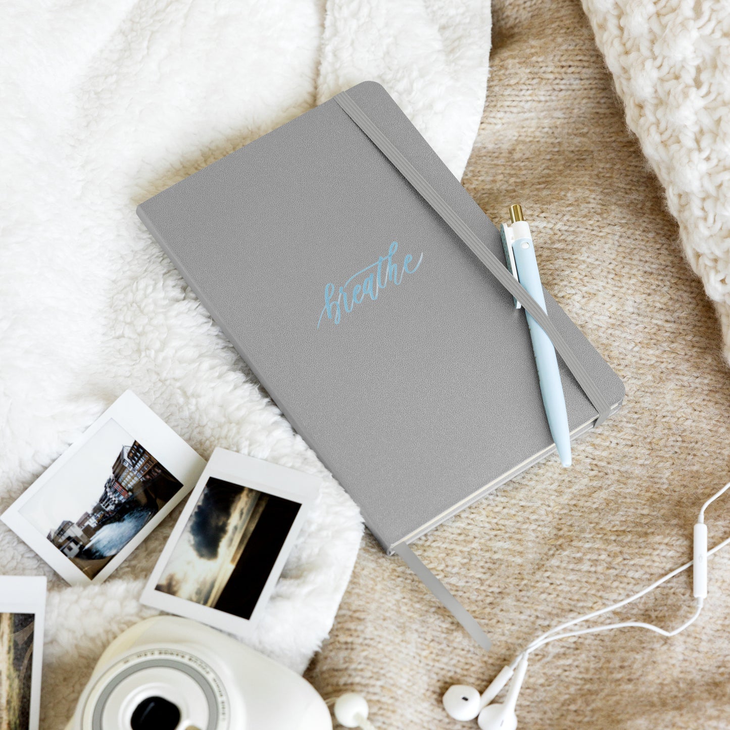 Handwritten "Breathe" Calligraphy Sky Blue Script Printed Hardcover Bound Notebook Journal