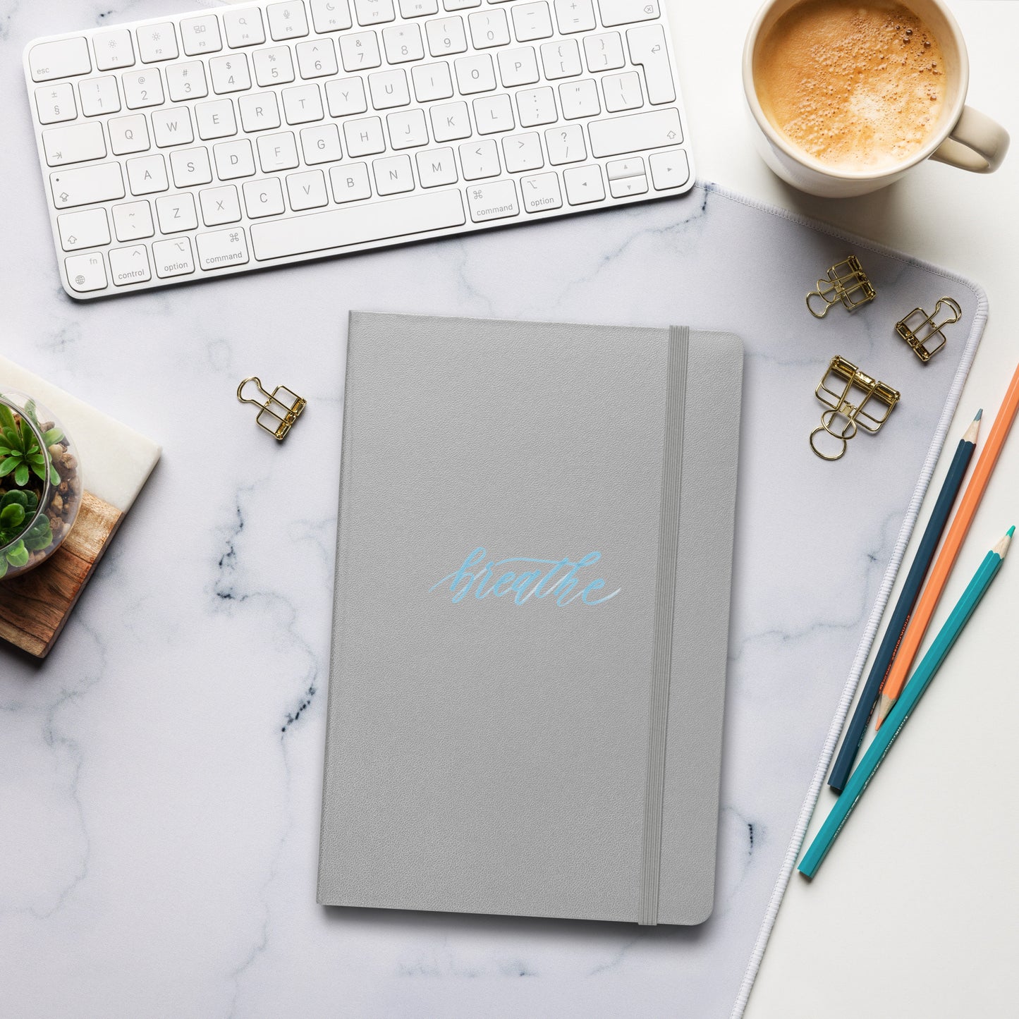 Handwritten "Breathe" Calligraphy Sky Blue Script Printed Hardcover Bound Notebook Journal